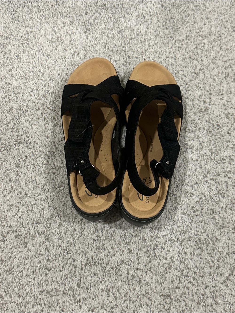 Clarks Women’s Black Strappy Sandals with Tan Insole